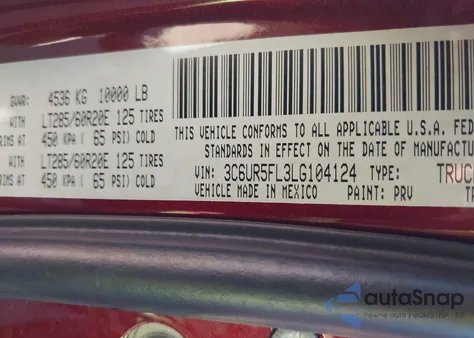 2020 Ram 2500 Laramie 4X4 6'4 Box из США, поврежденный, VIN 3C6UR5FL3LG104124